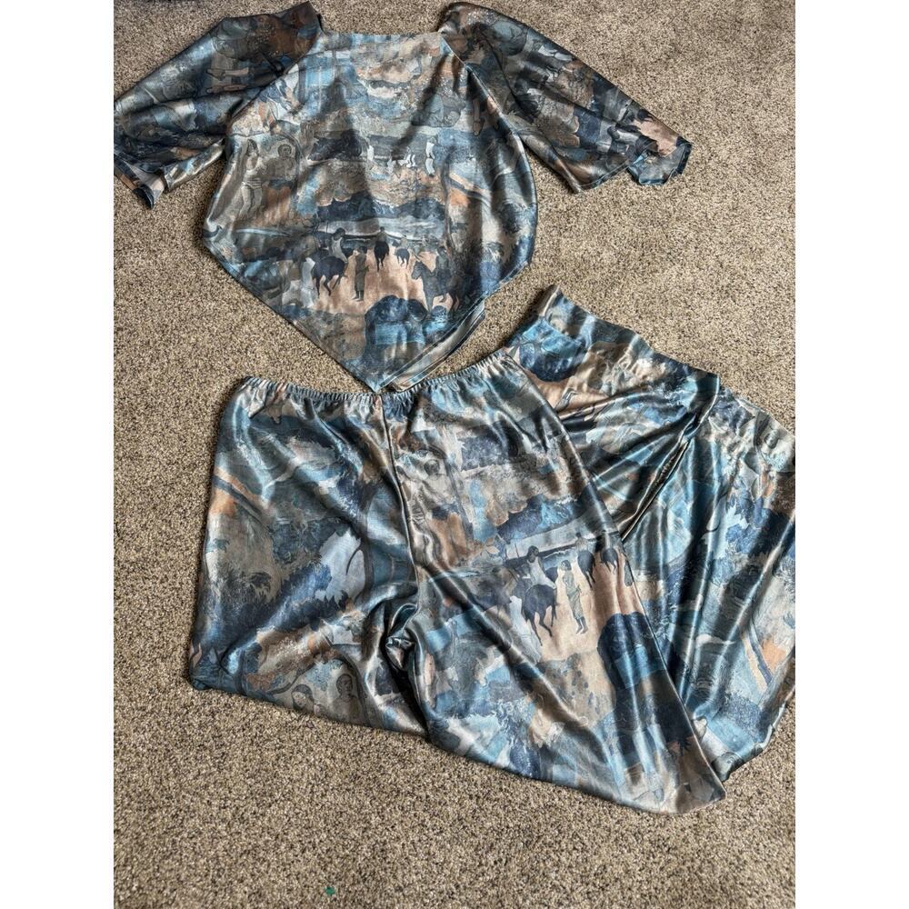 Vintage Kauai Satin Retro Country Horses Blue Pajamas Set Medium Made Hawaii